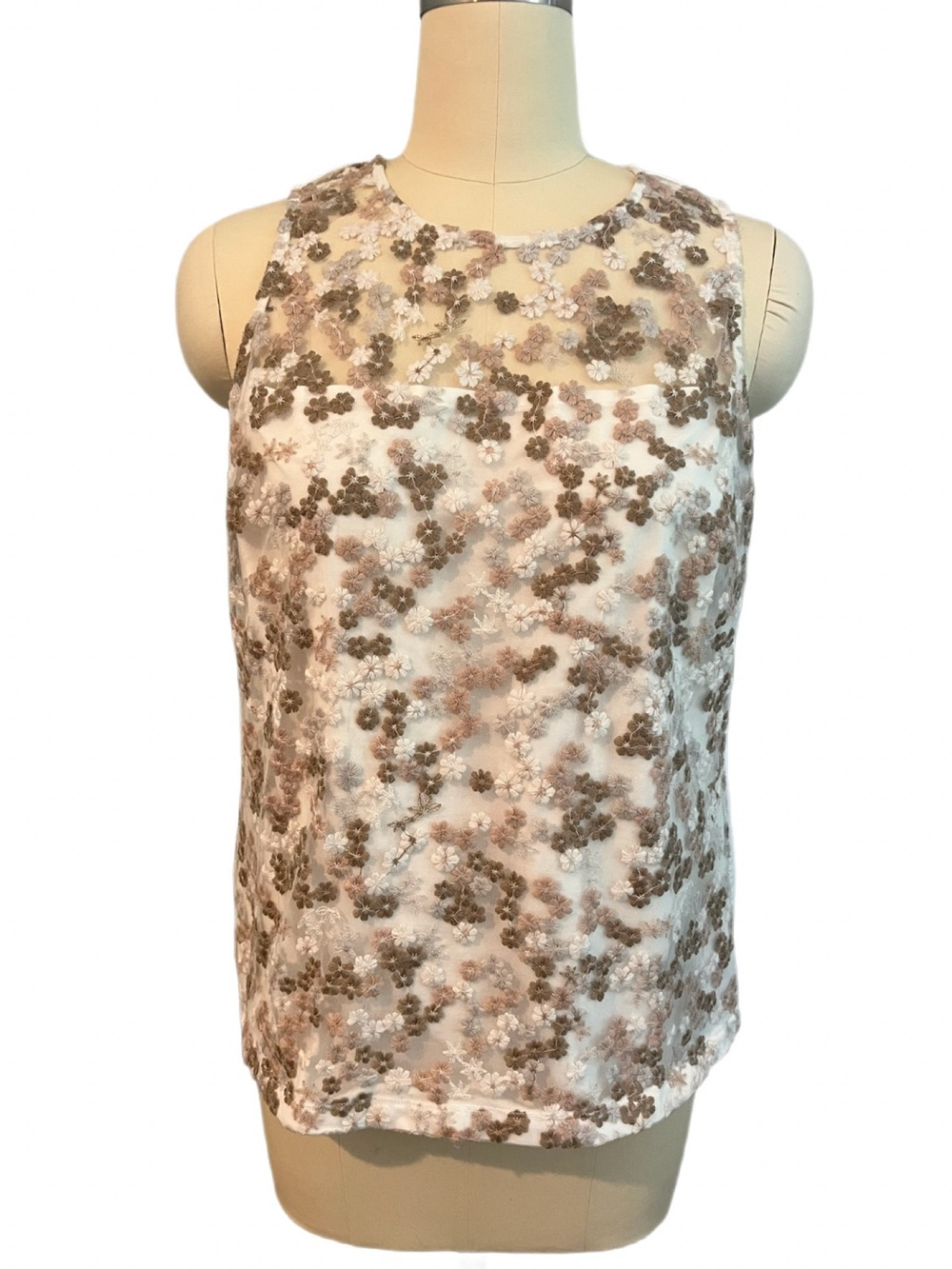 Etcetera Embroidered Floral Sleeveless Tank in Ivory and Taupe